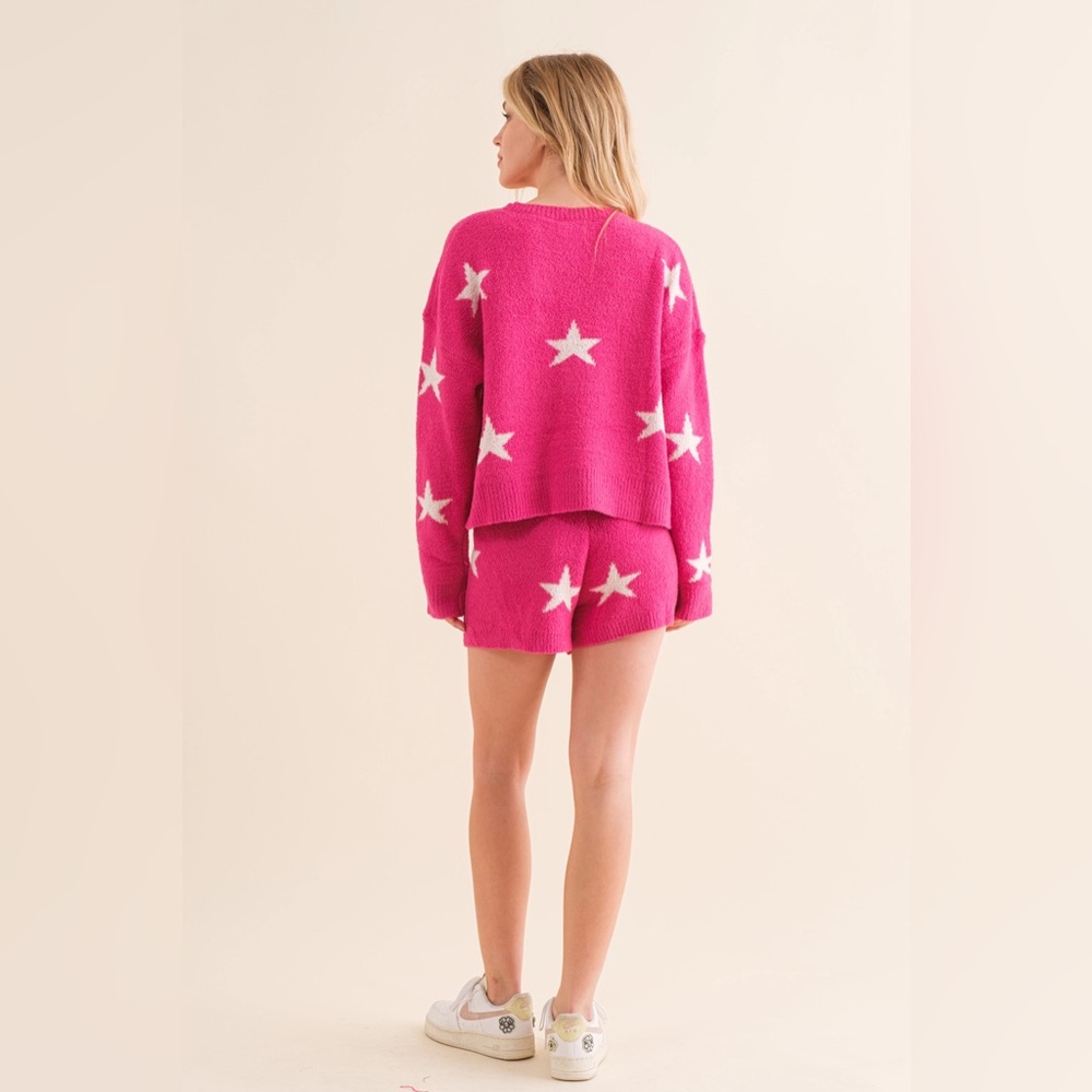 Star Print Soft Long Sleeve Top & Shorts Lounge Set in Pink - Picture 2 of 7